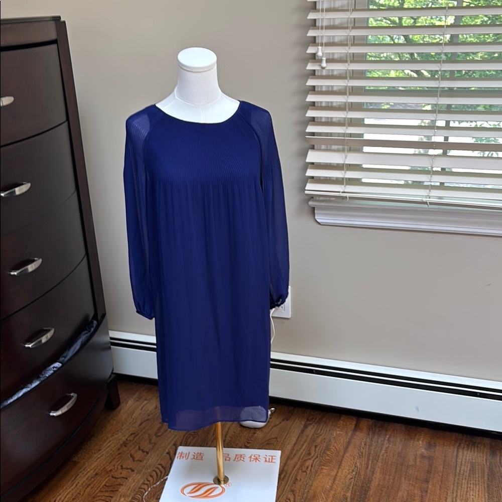 Max Studio Blue Ribbed Sheath Dress with Bishop Sleeves